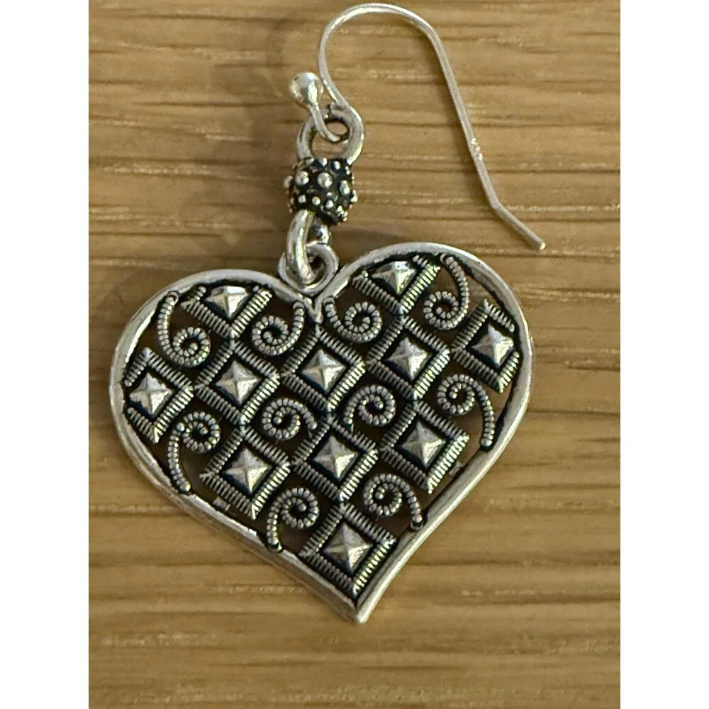 Vintage Filigree Love Heart Dangle Hook Earrings 1990s Art‎ Deco Style 925 Rare
